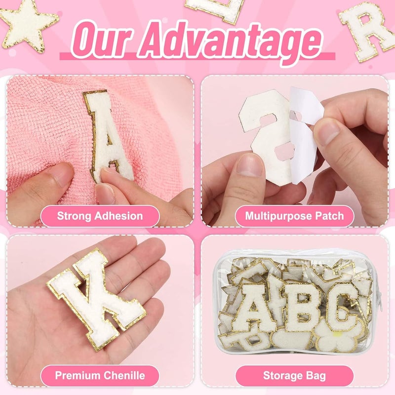 Thrilez White Chenille Letters Iron on Patches, 72 Pcs Self Adhesive Applique Alphabets 2.2 Inch Sew on Letters Patches Varsity Initial Fabric Stickers Fuzzy Towel Embroidered Patches for Clothing Caps - Image 5